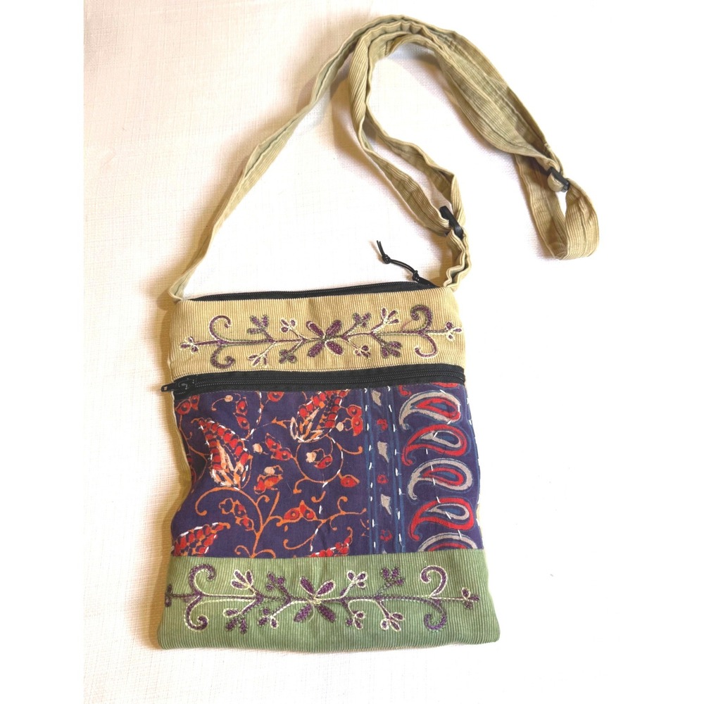 Blue Sky Corduroy Crossbody‎ Bag Embroidered Block Print Boho Tan Green India